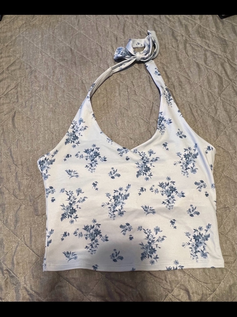 Hollister White Halter Crop Top with Blue Floral Print